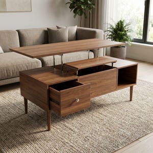 May include: A modern, walnut-finished lift-top coffee table with a drawer and open storage. The table's top is raised, revealing a hidden compartment. The table has a mid-century modern design with tapered legs and a silver-toned drawer pull. The table sits on a neutral-colored rug.