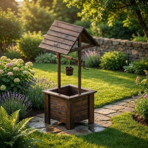 Peut inclure: Un puits aux souhaits en bois rustique avec un toit en pente et un petit seau suspendu à une corde. Le puits est en bois brun foncé et se trouve dans un jardin luxuriant avec de l'herbe verte et des allées pavées. Décoration de jardin.