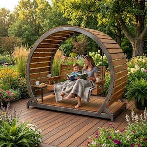 Planos para construir un columpio de porche (hágalo usted mismo) / Planos para una pérgola circular / Planos para muebles de patio / Construcción de un columpio tipo cenador para el jardín / Toldo de madera imagen 3