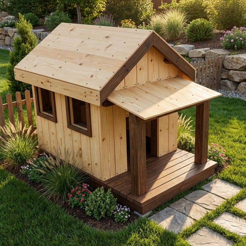 DIY Dog House with Porch Plans PDF | Large Wooden Pet Cabin Blueprint | Outdoor Dog Kennel Build | Covered Deck Pet Shelter