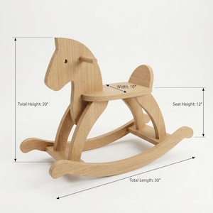 May include: A wooden rocking horse with a natural finish. The horse measures 30 inches in length, 20 inches in total height, and 10 inches in width. The seat height is 12 inches. This classic toy is designed for young children.