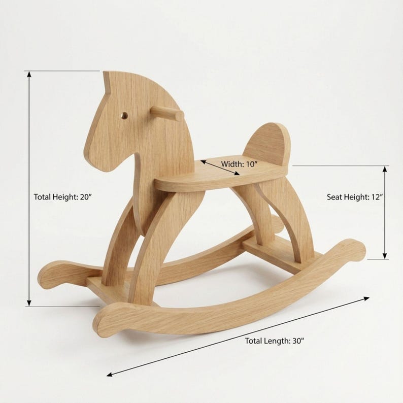May include: A wooden rocking horse with a natural finish. The horse measures 30 inches in length, 20 inches in total height, and 10 inches in width. The seat height is 12 inches. This classic toy is designed for young children.