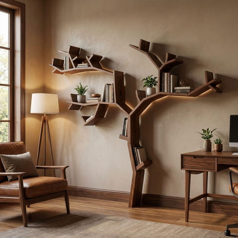 DIY Tree Bookshelf Plans PDF | Artistic Branch Wall Library Blueprint | Unique Floating Bookcase | Nature Inspired Woodworking Plan