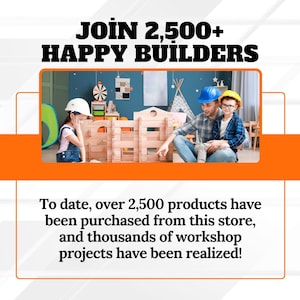 Puede incluir: Imagen con el texto "JOIN 2,500+ HAPPY BUILDERS". Un ni&ntilde;o y un adulto con cascos de construcci&oacute;n construyen con bloques de madera. El texto de abajo indica que se han comprado m&aacute;s de 2.500 productos.