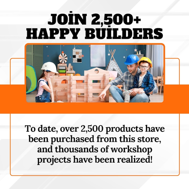 Puede incluir: Imagen con el texto "JOIN 2,500+ HAPPY BUILDERS". Un ni&ntilde;o y un adulto con cascos de construcci&oacute;n construyen con bloques de madera. El texto de abajo indica que se han comprado m&aacute;s de 2.500 productos.