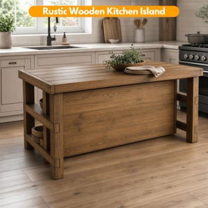 May include: A rectangular kitchen island made of medium-toned wood with a planked top and a solid front panel. The structure features open shelving on the left side, visible joinery details on the legs, and a smooth, natural wood grain finish.