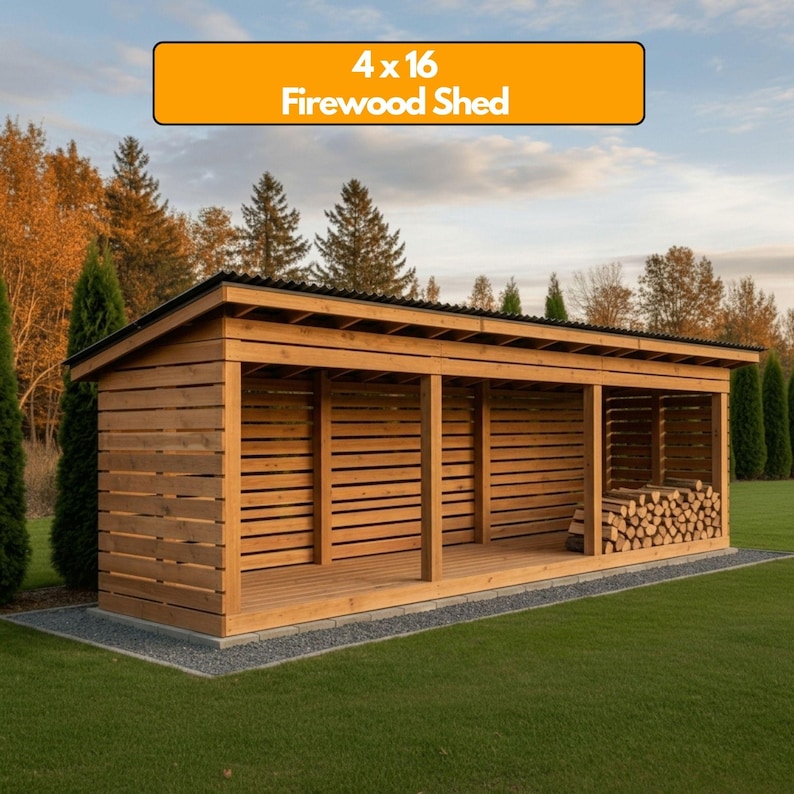 4x16 Firewood Shed DIY Plans PDF | 3 Cord Wood Storage Rack Blueprint | Large Dry Wood Shelter