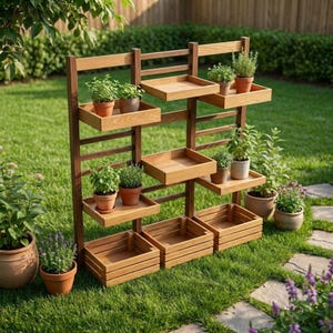 May include: A wooden plant stand with multiple shelves and boxes, filled with potted herbs and plants. The stand is brown and set on a green lawn, creating a natural, outdoor display for gardening enthusiasts.