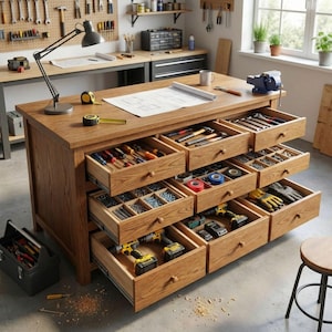 以下が含まれることがあります： 工具が収納された引き出しが複数ある木製の作業台。引き出しは開いており、さまざまな手工具、ネジ、電動工具が確認できます。黒いツールボックス、ランプ、巻尺が作業台に置かれています。