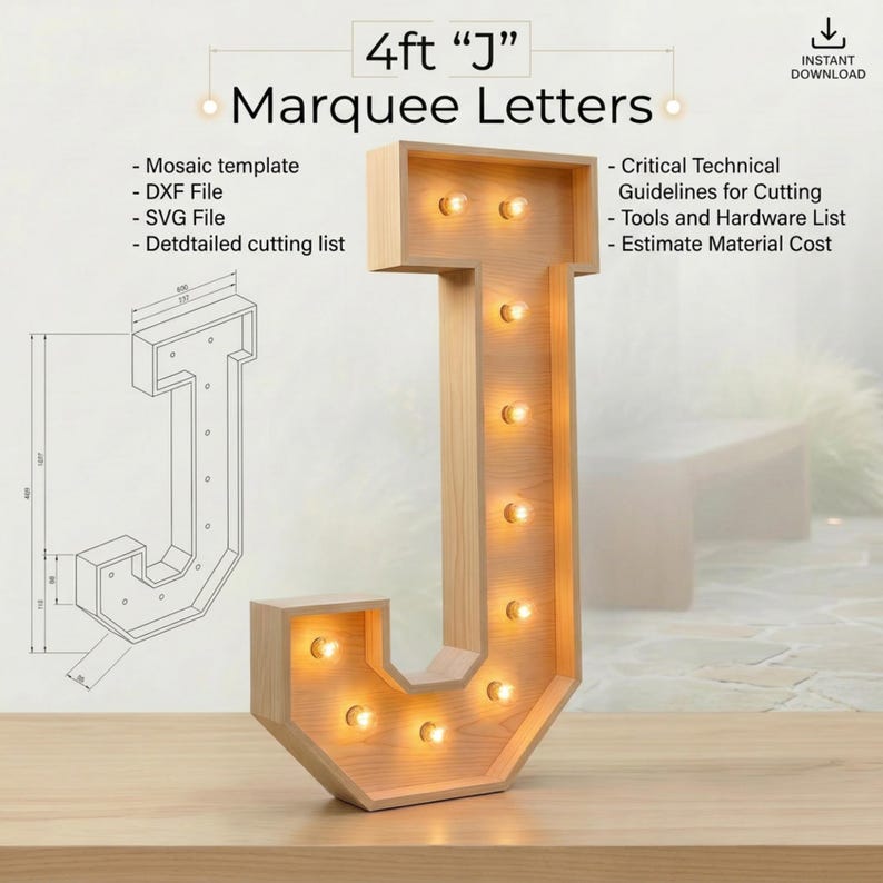4ft Marquee Letter "J" Template PDF | Diy Giant Light Up Letter Svg, Dxf, Pdf Blueprint