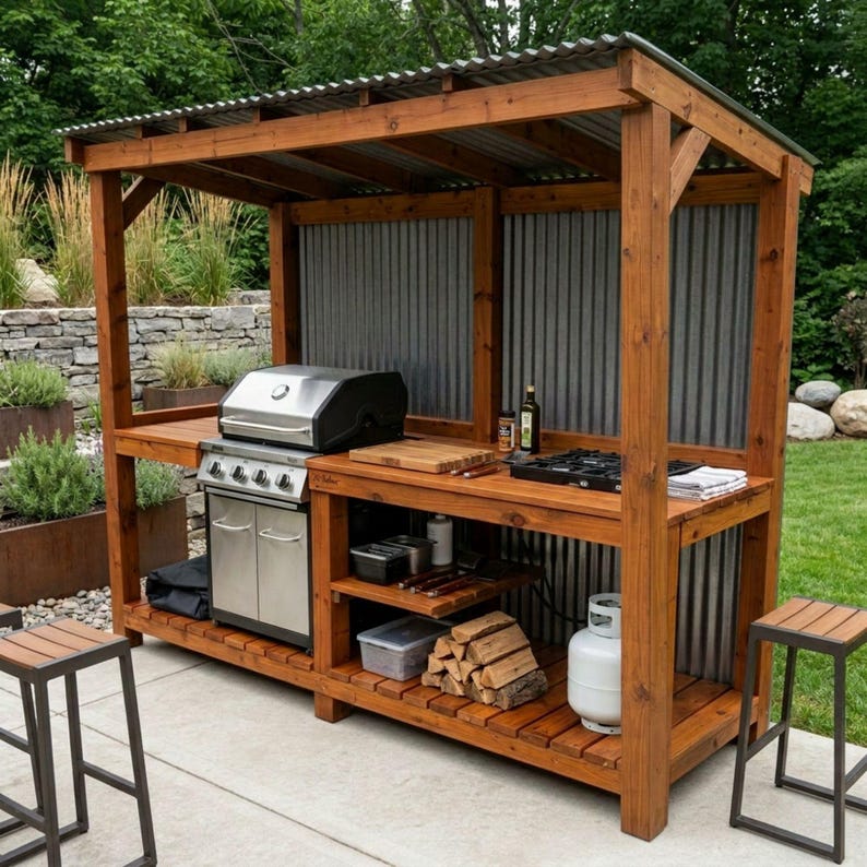 DIY Outdoor Kitchen Plans PDF | Covered BBQ Grill Station Build Guide | Simple Wooden Barbecue Shelter | Backyard Kitchen on a Budget