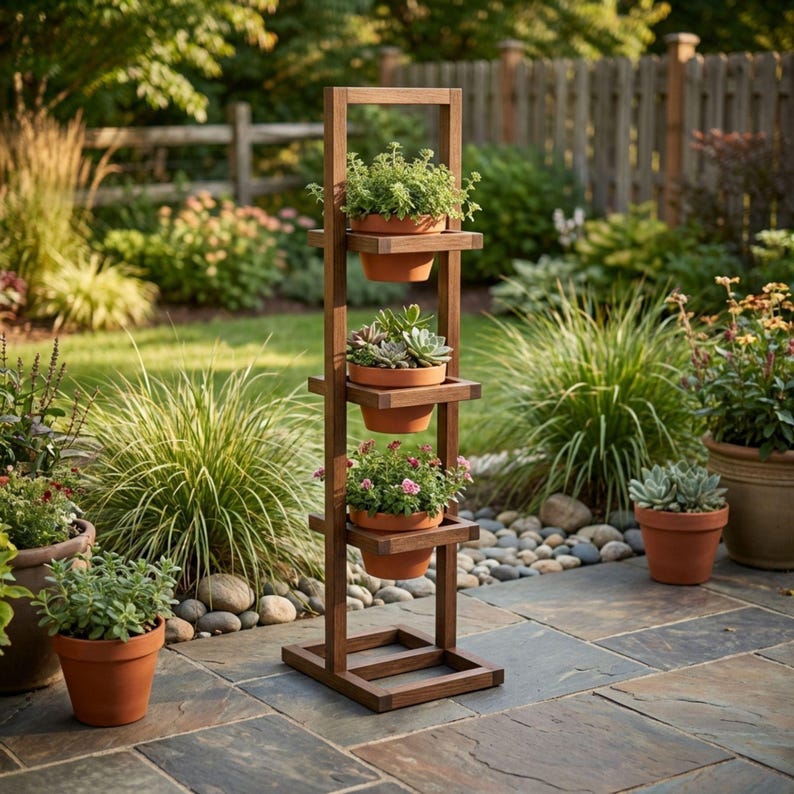 Outdoor Wood Plant Stand DIY Plan | 4-Tier Stepped Planter Woodworking Blueprint (Digital Download) image 1