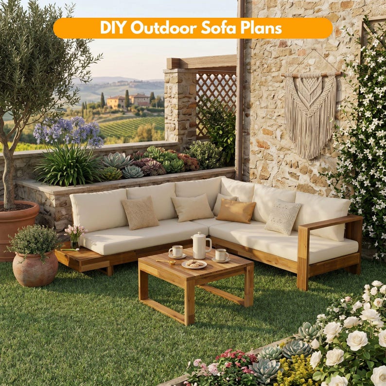 DIY Outdoor Sectional Sofa Plans | L-Shaped Wooden Corner Couch PDF | Patio Furniture Build Guide with Side Table | Garden Seating Blueprint