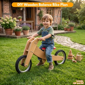 Puede incluir: Una bicicleta de equilibrio de madera clara con neumáticos negros y un asiento rojo. El texto 'DIY Wooden Balance Bike Plan' aparece en la parte superior y 'Includes DXF and PDF' en la parte inferior derecha. El diseño tiene tornillos visibles.