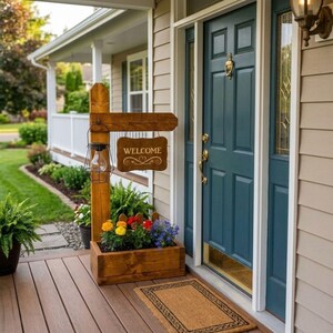 May include: A wooden welcome sign with a lantern and a flower box. The sign has the word "WELCOME" in a decorative font. The flower box contains colorful flowers. The door is teal and the house is beige.