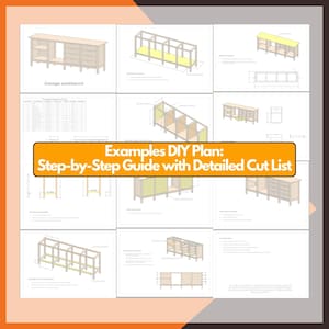 May include: A collection of illustrated DIY workbench plans. The plans include step-by-step guides and detailed cut lists. The text "Examples DIY Plan: Step-by-Step Guide with Detailed Cut List" is displayed on an orange banner.