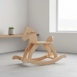 May include: A light-colored wooden rocking horse with a classic design. The horse features a seat, a backrest, and curved rockers. The toy is made of natural wood and is suitable for young children.
