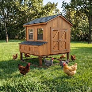 May include: A wooden chicken coop with a black tiled roof and two windows. The coop has a door with a diagonal design. Several chickens are in the green grass surrounding the coop.