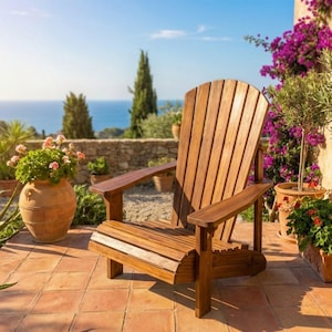 Pode incluir: Uma cadeira Adirondack de madeira com encosto de ripas e apoios de braços está em um pátio de ladrilhos de terracota. A cadeira é feita de madeira marrom clara e está posicionada ao ar livre com vista para o oceano e vegetação exuberante.
