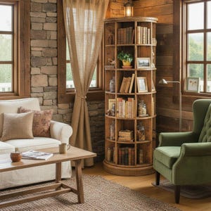 Peut inclure: Un salon confortable avec une biblioth&egrave;que ronde en bois remplie de livres et d'objets d&eacute;coratifs. Un canap&eacute; cr&egrave;me avec des coussins &agrave; motifs, une table basse en bois et un fauteuil vert compl&egrave;tent l'espace. Murs en bois et en pierre.