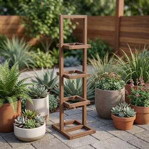 May include: A tall, wooden plant stand with four square shelves. The stand is made of a dark brown wood and is surrounded by various potted plants, including succulents and ferns. The plants are in terracotta and ceramic pots.