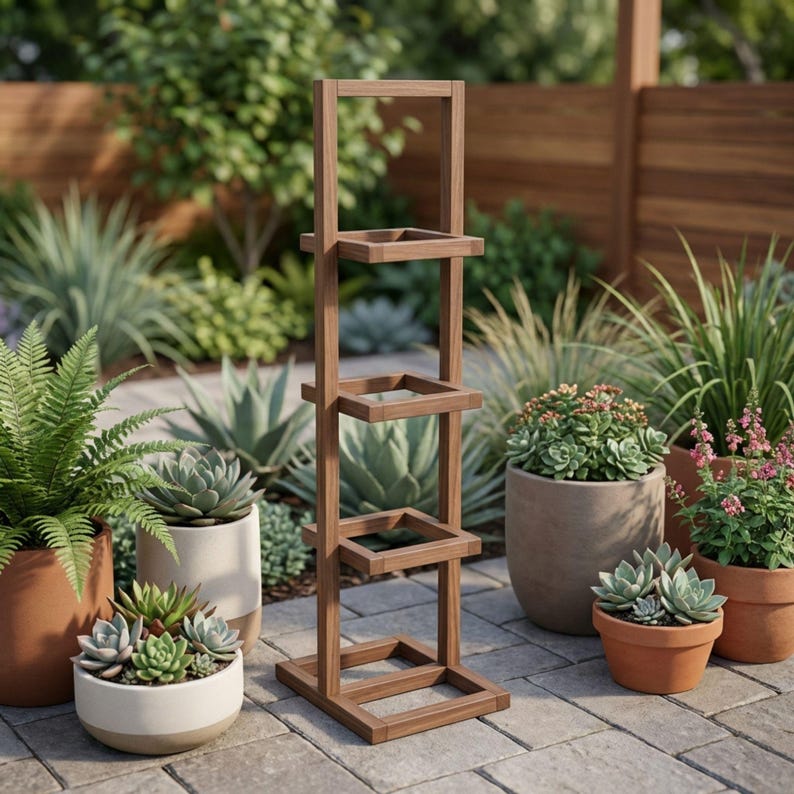 May include: A tall, wooden plant stand with four square shelves. The stand is made of a dark brown wood and is surrounded by various potted plants, including succulents and ferns. The plants are in terracotta and ceramic pots.