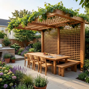 May include: A wooden pergola with a lattice roof and side panel, covered in green grapevines. Beneath the structure sits a long wooden dining table with four chairs and a matching bench, all arranged on a light-coloured stone patio in a garden.