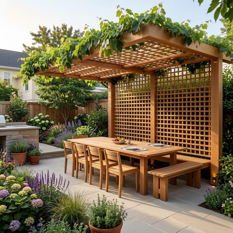 DIY Outdoor Pergola Plans | Backyard Patio Cover PDF | Wooden Arbor with Privacy Trellis Wall | Garden Canopy Build Guide