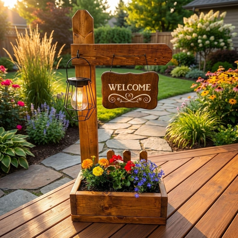 DIY Welcome Sign Planter Box Plans PDF | Front Porch Wooden Plant Stand | Hanging Basket Woodworking Blueprint | Garden Decor Project image 4
