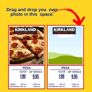 May include: Promotional image for Kirkland Signature pizza, featuring a pepperoni pizza and a blank template. The pepperoni pizza is sliced, with visible toppings. The text includes "Pizza", "Slice", "Whole", and calorie information.