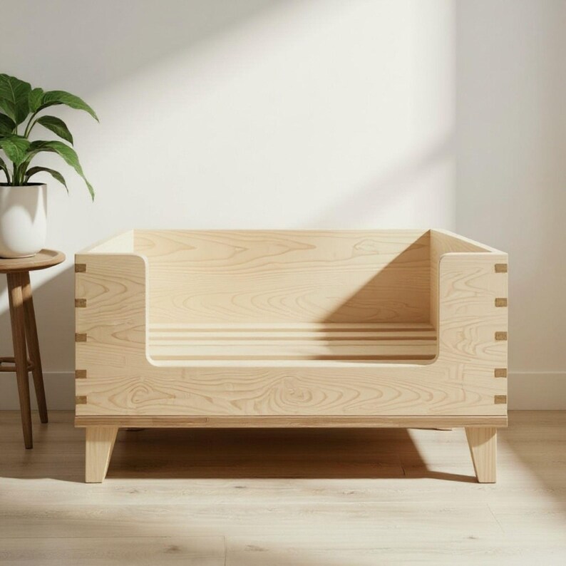 K&ouml;nnte beinhalten: Ein helles Haustierbett aus Holz mit rechteckigem Design. Das Bett hat eine niedrige Vorderseite f&uuml;r einfachen Zugang und wird von vier kurzen Beinen getragen. Die Holzmaserung ist sichtbar, und das Bett steht auf einem Holzboden.