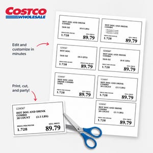 May include: A printable sheet of white paper featuring multiple rectangular Costco-style hot dog and drink combo price tags with black text. A pair of blue-handled scissors is positioned to cut out one of the individual labels from the page.