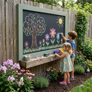 Op de afbeelding: Een groot rechthoekig schoolbord met een saliegroene houten lijst, gemonteerd op een houten schutting. Het bord bevat kleurrijke krijttekeningen van een boom, bloemen en een zon. Een houten bakje eronder bevat diverse stukjes gekleurd krijt.