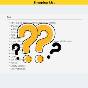 Peut inclure: Une liste de courses avec le titre "Shopping List" dans une banni&egrave;re jaune. La liste comprend des &eacute;l&eacute;ments tels que des &eacute;querres pliantes, une scie &agrave; onglet, une perceuse et des lunettes de s&eacute;curit&eacute;. De grands points d'interrogation jaunes recouvrent la liste.