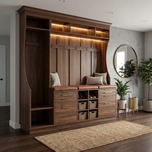 Może przedstawiać: Wykonana na zamówienie jednostka do przechowywania w ciemnym drewnie z ławką, szufladami i schowkiem na buty. Jednostka posiada skórzane siedzisko, wieszaki na płaszcze i oświetlenie górne. Okrągłe lustro i rośliny dopełniają przestrzeń.
