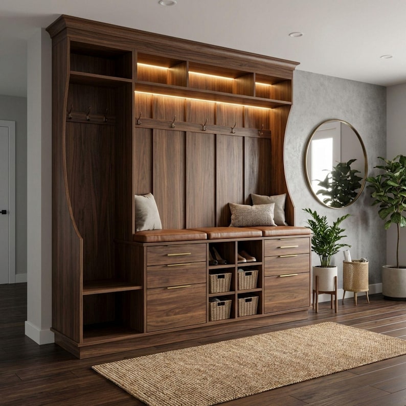 DIY Built In Cabinets Plans | Large Mudroom Hall Tree Blueprint | Wall Unit Storage Cabinet PDF