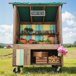 May include: A rustic wooden farm stand on wheels, displaying fresh produce. Baskets of tomatoes, peppers, and jars of preserves are arranged on shelves. The sign reads "FARM FRESH". A green canopy provides shade, and the stand is set in a grassy field.
