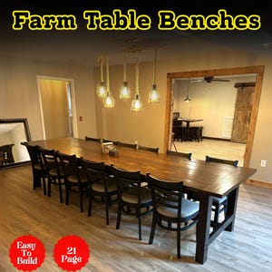 May include: A large, rectangular wooden farm table with black chairs. The table is surrounded by chairs with gray cushions. The room has a neutral color scheme with pendant lights hanging above the table. The text "Farm Table Benches" is at the top.