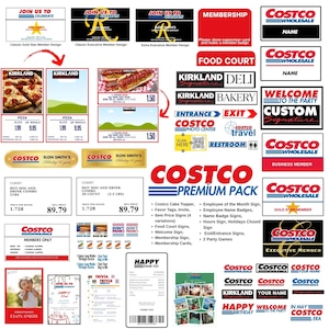 Könnte beinhalten: Eine Collage von Schildern und Werbematerialien zum Thema Costco. Enthält Schilder für Pizza, Hotdog-Kombinationen, Mitgliedschaft und Food Court. Enthält auch Schilder für Mitarbeiterausweise, Willkommensnachrichten und Partyspiele.