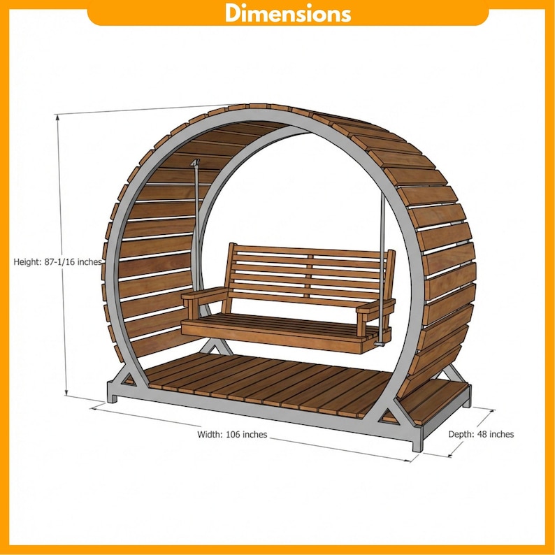 Puede incluir: Un columpio de madera con un marco circular y un banco. El marco es de metal y madera, con una altura de 221 cm, un ancho de 269 cm y una profundidad de 122 cm. El banco est&aacute; suspendido por cadenas.