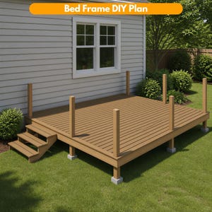 May include: A brown wooden deck with a set of three steps leading up to the platform. The deck features vertical wooden posts for a railing and is supported by concrete blocks on a green lawn next to a house with light gray siding and a window.