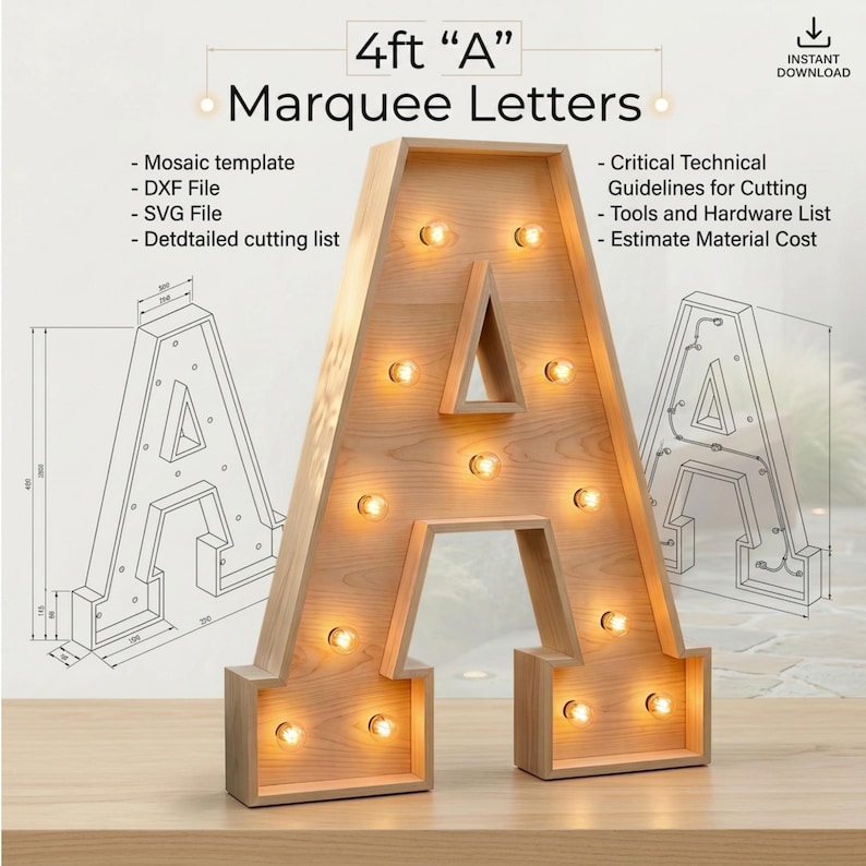 4ft Marquee Letter A Template PDF | Diy Giant Light Up Letter Plans | Wooden Marquee Sign with Lights | Svg, Dxf, Pdf Blueprint