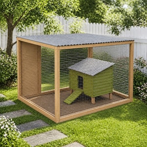 Puede incluir: Un gallinero de madera con techo de metal corrugado y laterales de malla metálica. En el interior, un gallinero verde más pequeño con una rampa proporciona refugio. El gallinero está sobre un césped con una valla blanca al fondo.