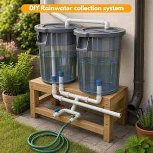 Peut inclure: Un système de récupération d'eau de pluie DIY composé de deux grands barils en plastique gris translucide avec des couvercles gris foncé, reliés par des tuyaux en PVC blanc. Les barils reposent sur un banc en bois avec un tuyau d'arrosage vert.