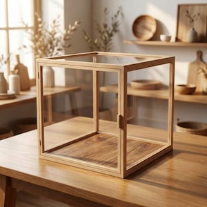 May include: A clear glass display case with a wooden frame, sitting on a wooden table. The case has a hinged door and is designed to showcase items. The interior and base are also made of wood.