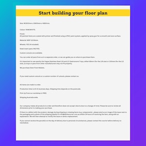 Peut inclure: Un document blanc avec le titre "Start building your floor plan" dans une banni&egrave;re jaune. Le texte d&eacute;taille les sp&eacute;cifications du produit, y compris les dimensions de 1500mm x 600mm x 850mm, la couleur RAW/WHITE, le mat&eacute;riau MDF et la disponibilit&eacute; des d&eacute;coupes personnalis&eacute;es.