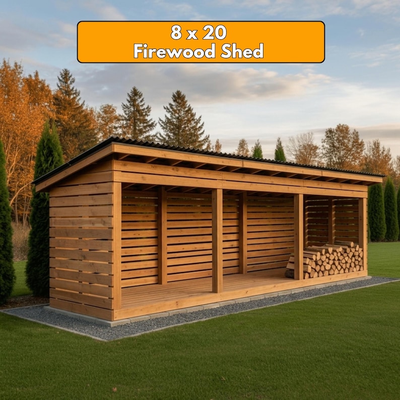 8x20 Firewood Shed DIY Plans PDF | 3 Cord Wood Storage Rack Blueprint | Extra Large Dry Wood Shelter