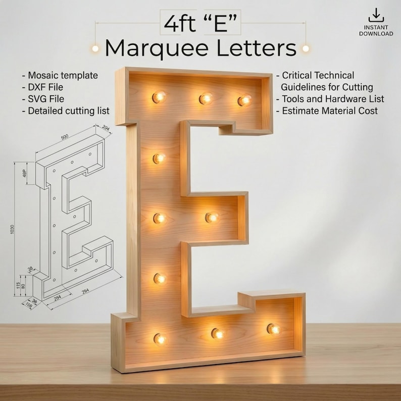 4ft Marquee Letter E Template PDF | Diy Giant Light Up Letter Svg, Dxf, Pdf Blueprint