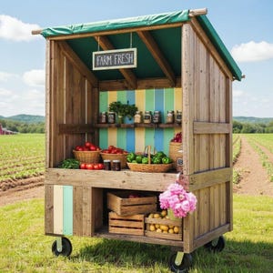 May include: A rustic wooden farm stand on wheels, displaying fresh produce. The stand features a green awning and a sign that reads "FARM FRESH." Baskets of red tomatoes, green peppers, and other items are visible. The background shows a field.