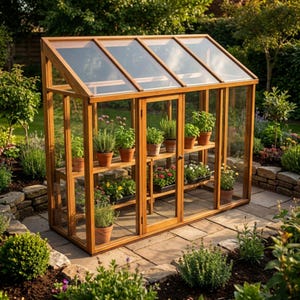 May include: A wooden greenhouse with a sloped glass roof and glass doors. Inside, terracotta pots hold various plants and herbs. The structure is set on a stone patio, surrounded by lush greenery.